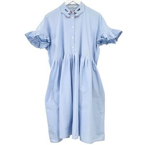 VIVETTA Esmeralda Baby Blue Embroidered Collar Ruffled Short Sleeve Midi Dress